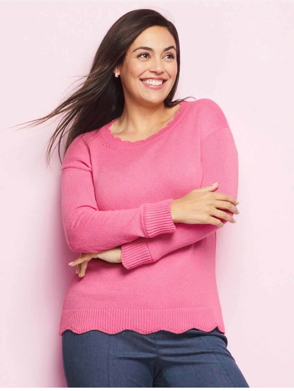 Talbots Pink Scallop-Trim Crewneck Sweater women’s large